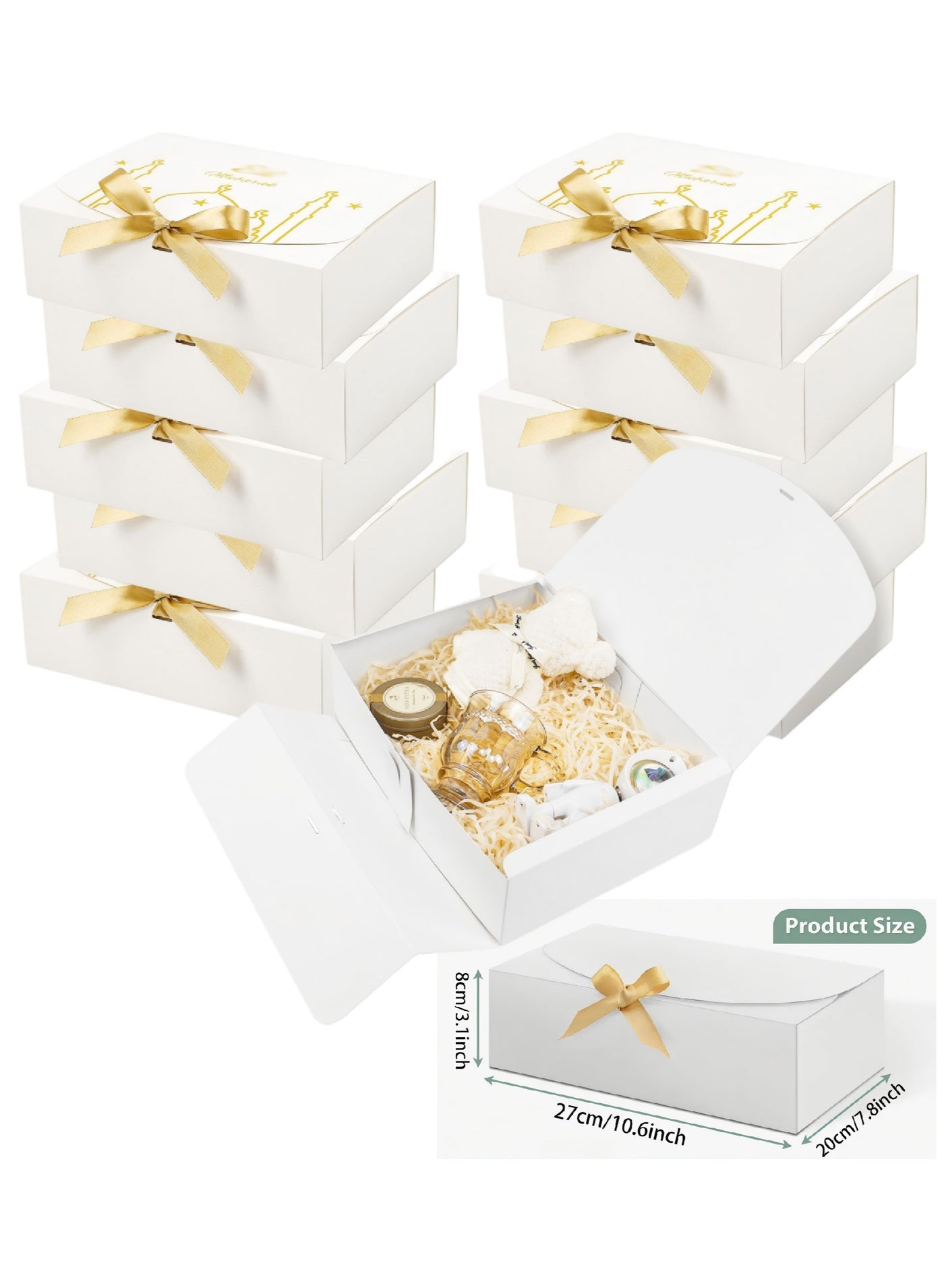 Pack of 10 Gift Boxes, Large Kraft Gift Boxes with Bow Ribbon, 27 x20x8cm, Rectangle Gift Boxes for Gifts, Ramadan,Eid,Birthday, Wedding (White)